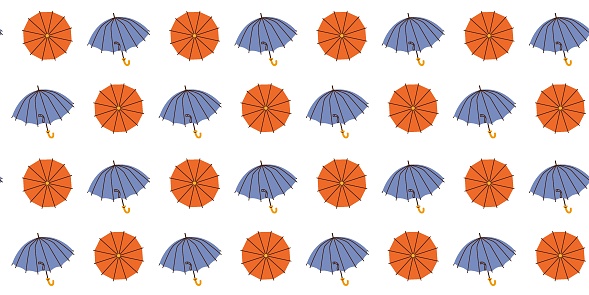 Seamless pattern with hand drawn blue red opened umbrellas on white background in flat cartoon style. For background, packaging, textile