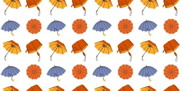 Vector illustration of Seamless pattern with hand drawn blue red yellow umbrellas on white background in flat cartoon style. For background, packaging, textile