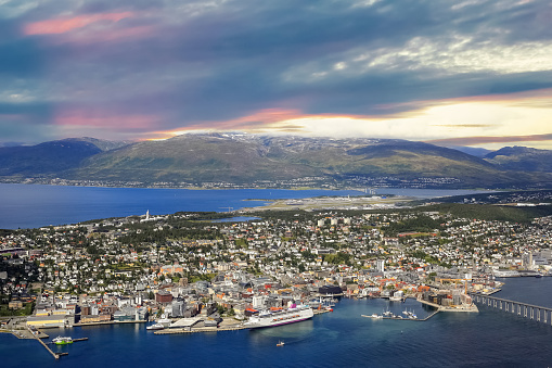 Aerial view of the town Tromsoe which  lies nearly 70 degrees north and is Northern Norways largest city.