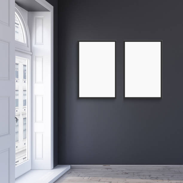 istock Mockup poster 2 frames in modern interior living room background with black wall 1646204925