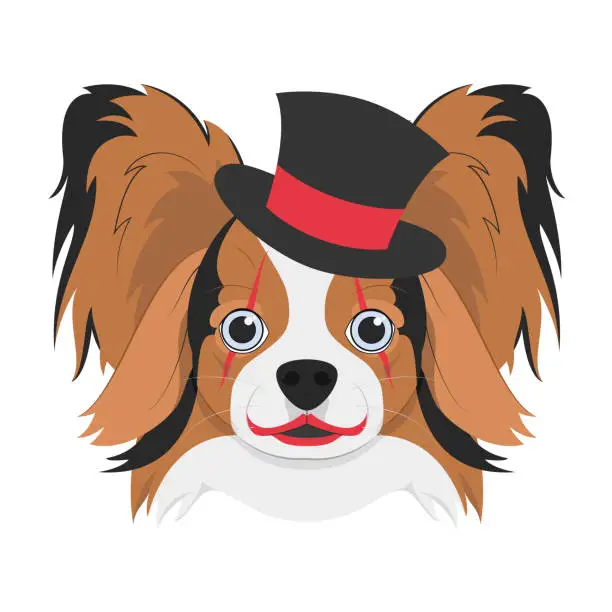 Vector illustration of Halloween greeting card. Papillon dog with top hat and clown makeup