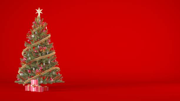 istock Christmas tree decorated with red and gold ornaments and presents on red background. 1646213021