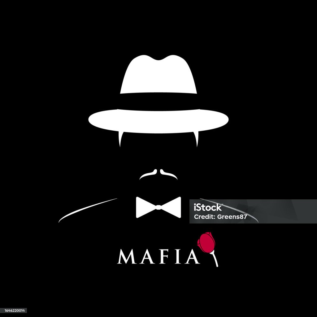 Italian Mafiosi In Hat And Bow Tie Silhouette Of Gangster With Red Rose ...