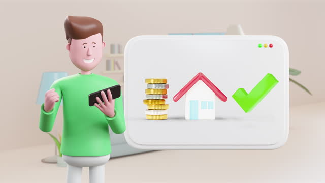 3d Animation cartoon happy man using smart phone check money to buy a house.