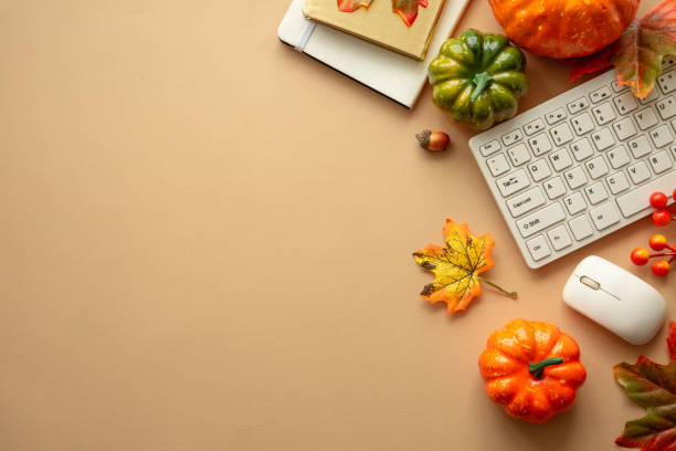 istock Autumn office workspace. Autumn flat lay background. 1646246822