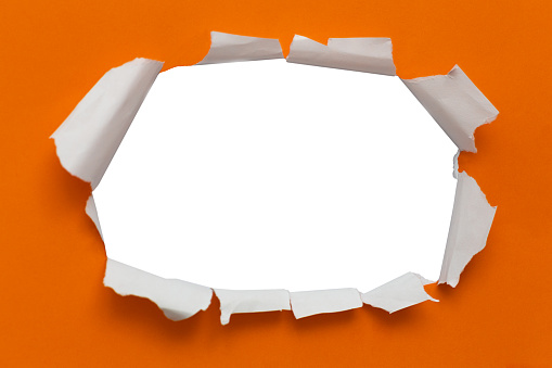 Your message bursts through a sheet of bright orange paper, with curled and ripped edges.