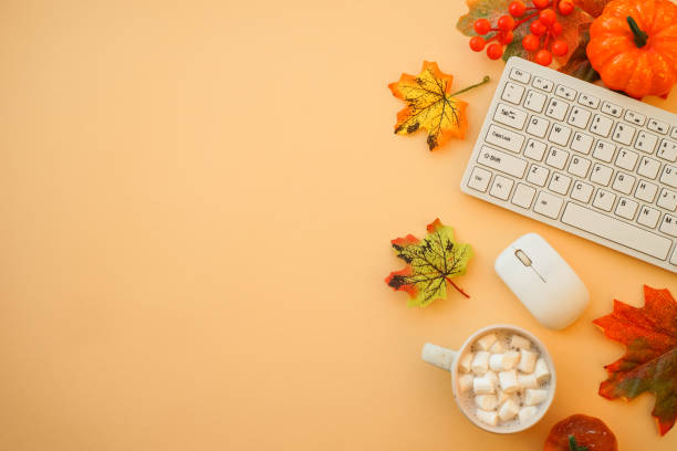 istock Autumn office workspace. Autumn flat lay background. 1646254799
