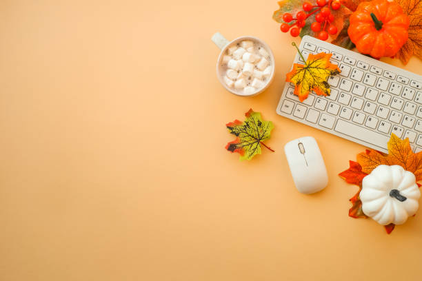istock Autumn office workspace. Autumn flat lay background. 1646254833