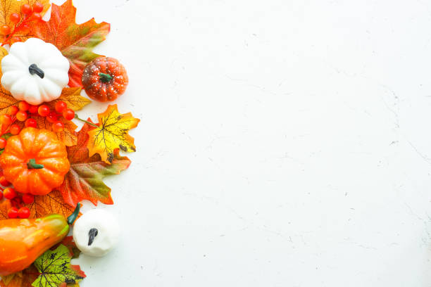 istock Fall autumn flat lay background. Pumpkins and fall leaves. 1646255347