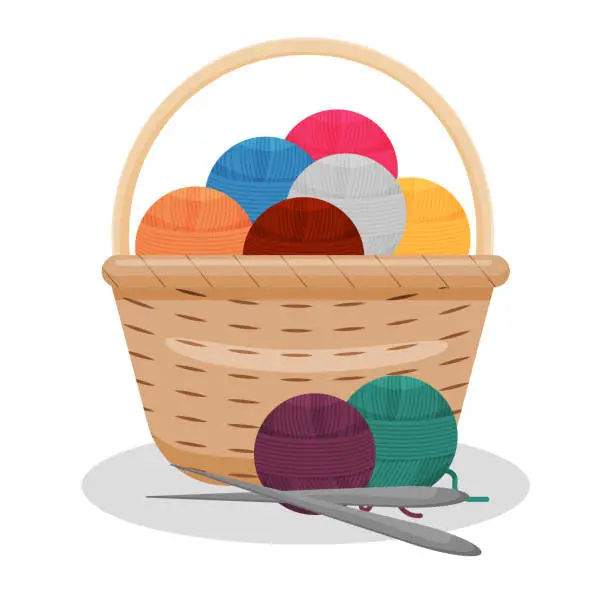 Vector illustration of Wooden basket with knitting threads. Vector illustration.