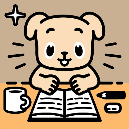 Animal characters vector art illustration.
A labrador retriever dog is sitting at a desk and reading a book.