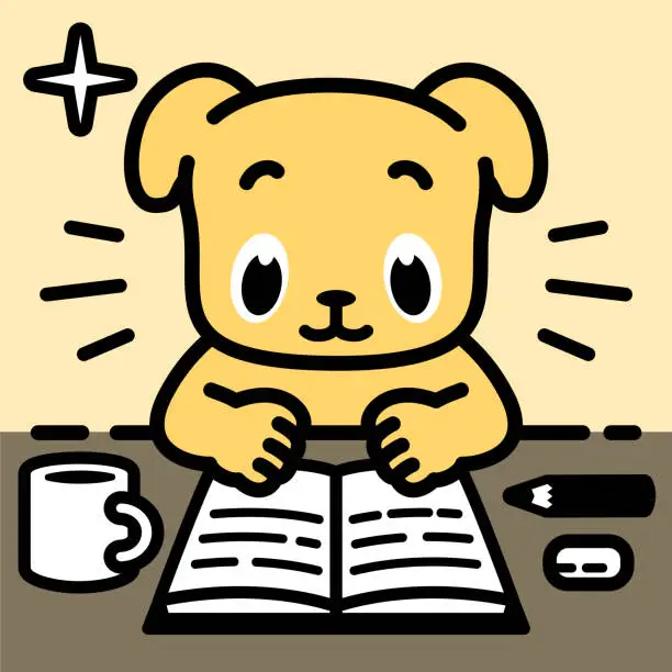 Vector illustration of A labrador retriever dog is sitting at a desk and reading a book