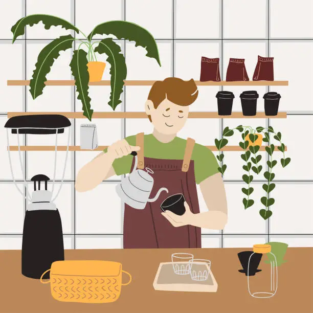 Vector illustration of Barista making coffee in a cozy cafe interior vector illustration. Men worker with cups preparing cappuccino, filter, espresso.