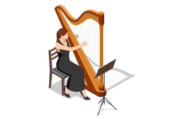 illustrations, cliparts, dessins animés et icônes de harpe isométrique, un instrument de musique à cordes pour les spectacles de fête, de concert et de festival. la femme joue de la harpe - blues harp