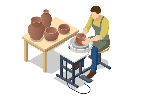 Isometric Pottery workshop. Potter's wheel. Pottery studio, pottery hobby. Handcrafted earthenware