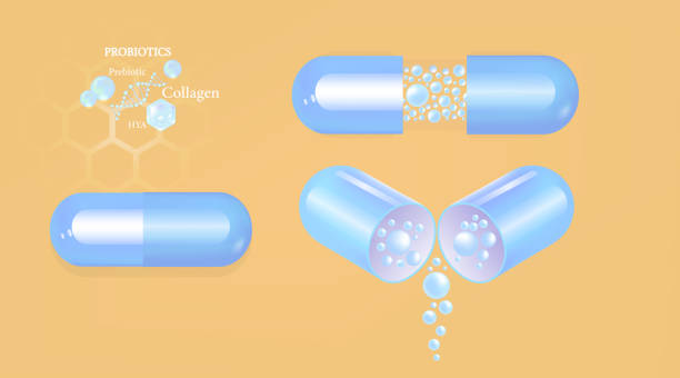 istock Probiotic and Hyaluronic acid skin solutions ad, blue collagen and vitamin capsule, and vitamin serum drop with cosmetic advertising background ready to use illustration vector. 1646278845
