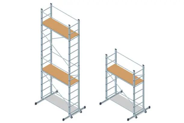 Vector illustration of Isometric Scaffolding frame. Labor risks prevention about using scaffolds safely.