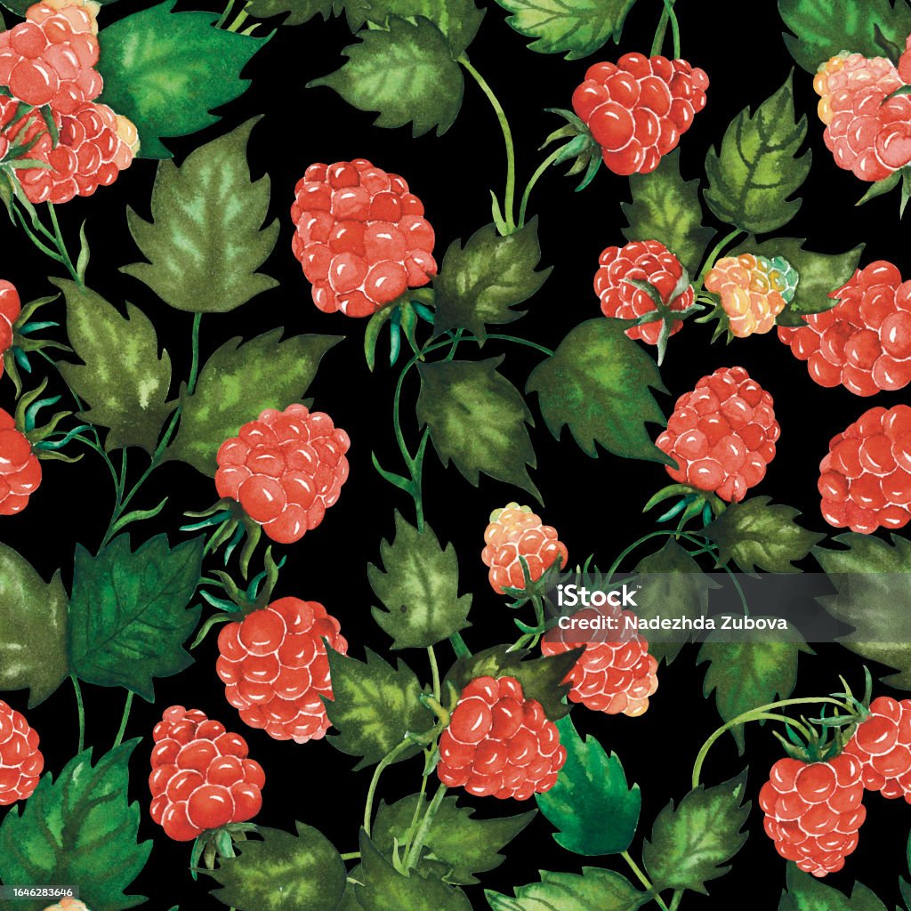 Watercolour Raspberry Seamless Watercolour Raspberry Pattern With Berries Leaves Hand Drawn ...
