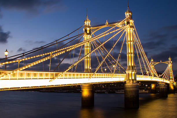 Albert bridge London Illuminated Albert bridge in west London photographed after sunset. The bridge was designed by Rowland Mason Ordish and opened in 1873 wandsworth photos stock pictures, royalty-free photos & images