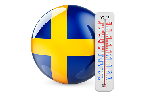 Thermometer with Swedish flag. Heat in Sweden concept. 3D rendering isolated on white background