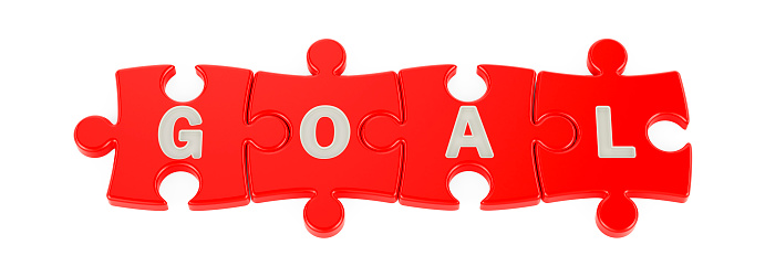 Goal word from red puzzles, 3D rendering isolated on white background