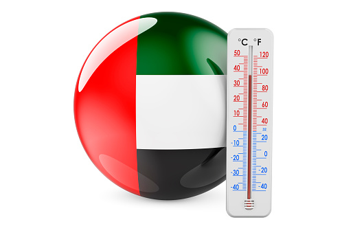 Thermometer with the United Arab Emirates flag. Heat in the UAE concept. 3D rendering isolated on white background