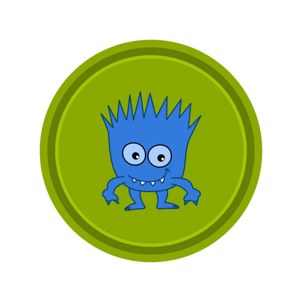 kleines lächelndes blaues monster in grüner ikone auf weißem hintergrund - vektor - humor badge blue crime stock-grafiken, -clipart, -cartoons und -symbole