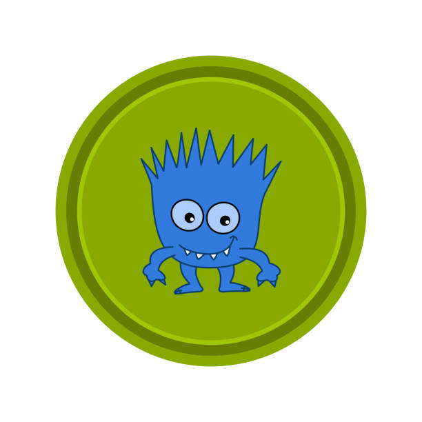 ilustrações de stock, clip art, desenhos animados e ícones de little smiling blue monster in green icon on white background - vector - humor badge blue crime