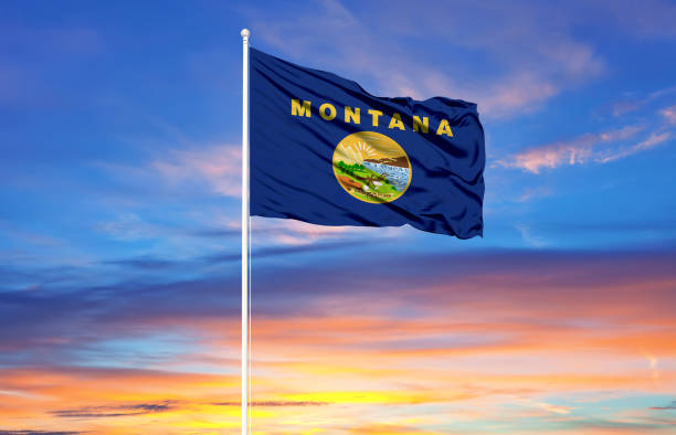 flag of montana on flagpoles and blue sky. patriotic concept about state. - montana flag us state flag banner imagens e fotografias de stock