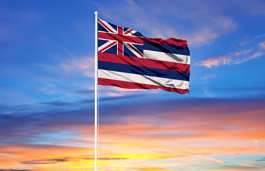 flag of Hawaii on flagpoles and blue sky. Patriotic concept about state.