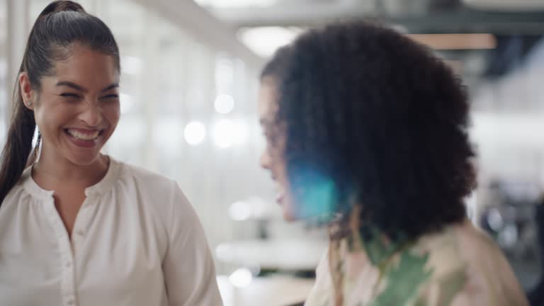 Success, high five or excited business women with goal for an achievement or teamwork on project in office. Support, collaboration or happy employees smile in celebration of winning a deal or target