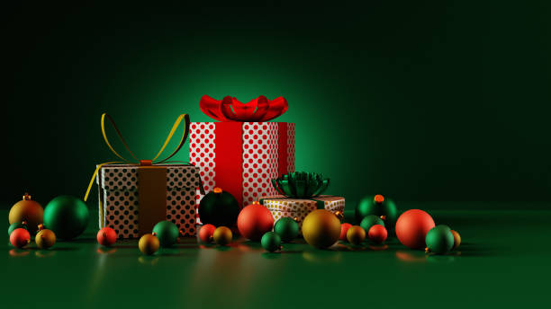 istock Gift boxes with Christmas decoration on dark green background. 3D render 1646321689