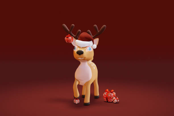 istock Cute cartoon Deer with gift in Santa hat. 3d render 1646321718