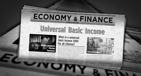 Universal basic income citizens salary payment and social redistribution vintage news and newspaper printing. Abstract concept retro headlines 3d illustration.