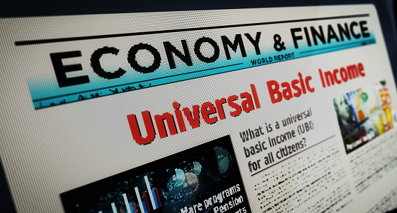 Universal basic income citizens salary payment and social redistribution daily newspaper reading on mobile tablet computer screen. Man touch screen headlines news abstract concept 3d illustration.