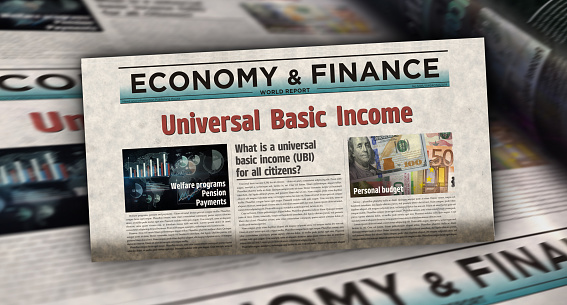 Universal basic income citizens salary payment and social redistribution vintage news and newspaper printing. Abstract concept retro headlines 3d illustration.