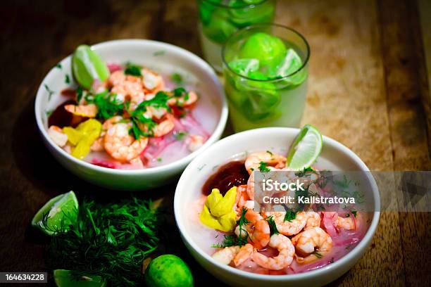 Two Bowls Of Shrimp Ceviche With Wedges Of Lime Stock Photo - Download Image Now - Seviche, Ecuador, Shrimp - Seafood