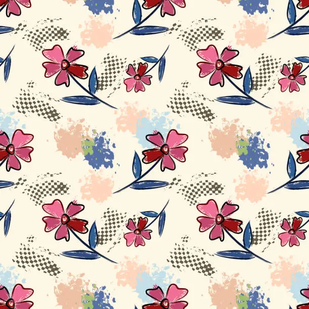 Vector illustration of Free hand flowers with texture brush seamless pattern.