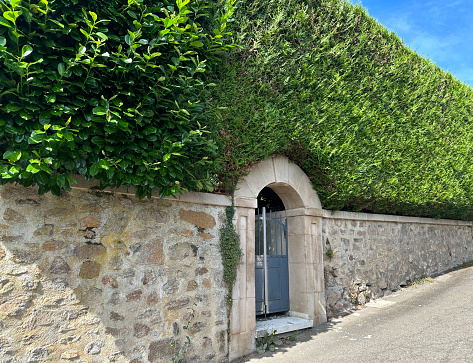 Hedge of Taxus baccata and Prunus laurocerasus. Garden gate with massive arch and walls. Garden-French style. Autun, Burgundy, France