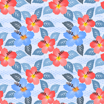 Red and blue Hibicus flowers with leaf seamless pattern.