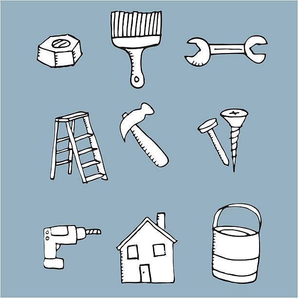 ilustrações de stock, clip art, desenhos animados e ícones de mão desenhada ícones de ferramentas - home decorating nail screw spanner