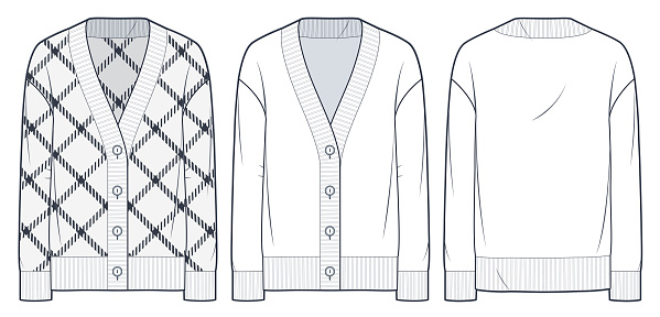 Cardigan technical fashion illustration, plaid design. Sweatshirt fashion flat technical drawing template, v neck, button down, front and back view, white, women, men, unisex CAD mockup set.