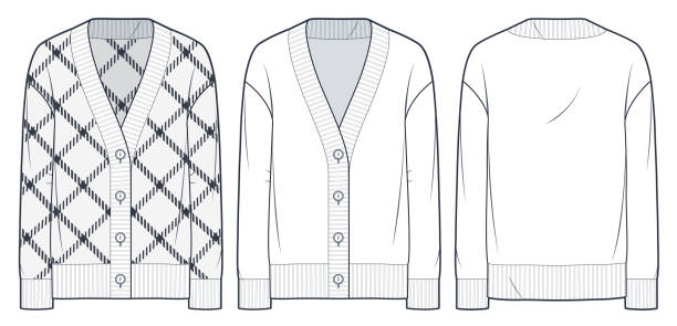 Cardigan technical fashion illustration, plaid design. Sweatshirt fashion flat technical drawing template, v neck, button down, front and back view, white, women, men, unisex CAD mockup set. Cardigan technical fashion illustration, plaid design. Sweatshirt fashion flat technical drawing template, v neck, button down, front and back view, white, women, men, unisex CAD mockup set. cardigan clothing template fashion stock illustrations