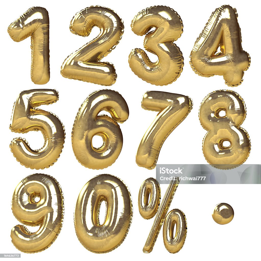 Gold Balloon Numbers 1-10 0 to 9 numbers & percentage symbols presented in golden balloon style. Ideal for discount sale usage. Isolated in white background Balloon Stock Photo