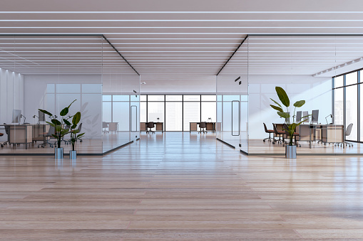 Clean white glass office and meeting room interior with wooden parquet flooring, panoramic windows and furniture. 3D Rendering
