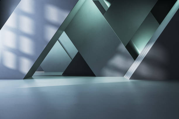 istock Bright concrete gallery interior with geometric walls. 3D Rendering. 1646368640
