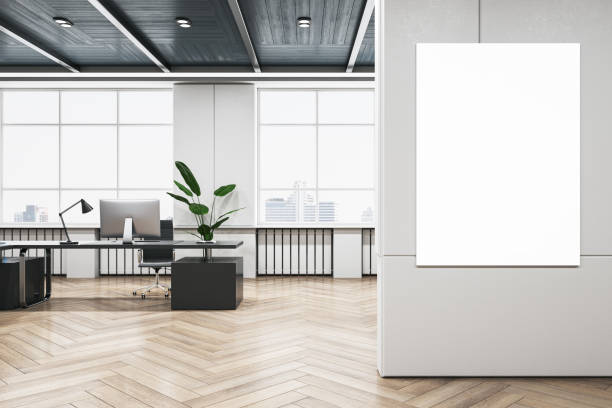 istock Modern coworking office interior with empty mock up banner on wall, wooden flooring and window with city view. 3D Rendering. 1646369629