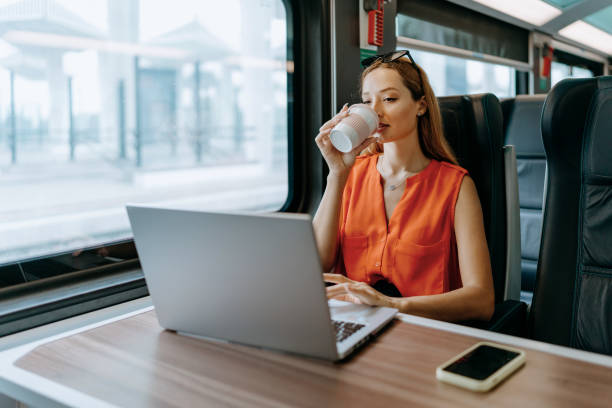 istock Young woman engrossed in laptop work on the train 1646377091