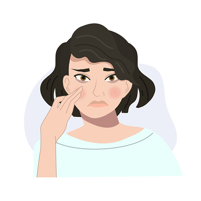 Beauty and Wellness concept. Portrait of worried Woman with Dark Circle Under Eyes. Flat vector cartoon illustration