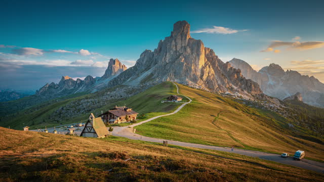 Giau Pass at sunrise,  a high mountain pass in the Dolomites, Belluno province in Italy